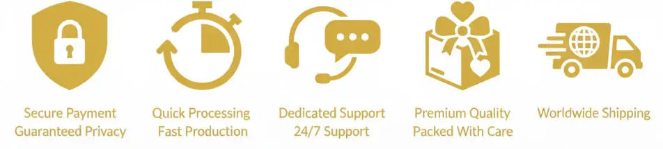 Five service icons: Secure Payment, Quick Processing, Dedicated Support, Premium Quality, Worldwide Shipping
