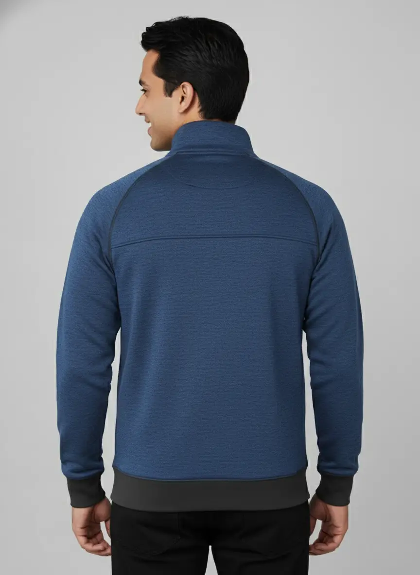 Back view of AWG blue sports jacket with raglan fit