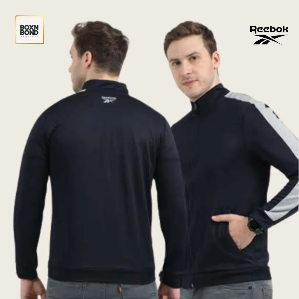 Navy Polyster Zipper Jacket Side Back View