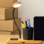 wooden desk organizer with lamp