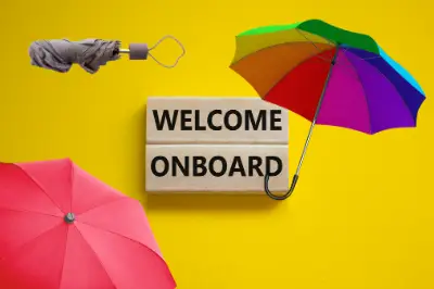 Promotional umbrella in employee onboarding kit with company logo